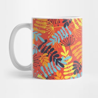 Leave Silhouettes blue, orange, yellow on red Mug